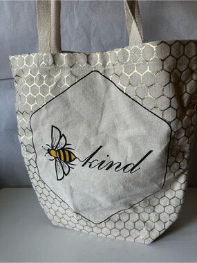 Bee Kind Honeycomb Bumble Bee Canvas Tote Gold